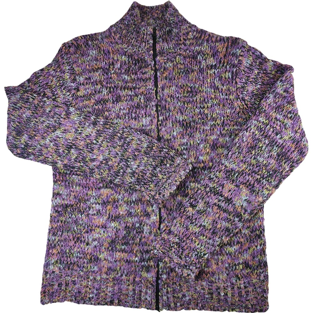 Chico's Cardigan Women Size 2 Purple Zip Up Mock Neck Space Dye Sweater
